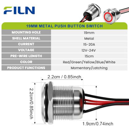 3PCS 19mm 20A Latching LED Push Button Switch IP67 12V-24V DC Yellow - color: Yellow Silver Shell, size: Latching