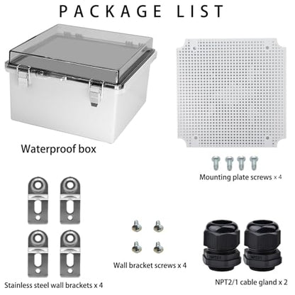 Waterproof Electrical Box with Mounting Plate, IP67 Junction Box Stainless Steel Latch Hinged Clear Cover Project Enclosure with Wall Bracket and 2 Glands 8.3" x 8.3" x 3.9" - color: Clear, size: 8.3" x 8.3" x 3.9"