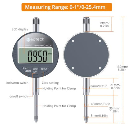 Neoteck 25.4 mm/1" Digital Dial Indicator with 0.001mm/0.00005" Resolution - color: Silver Gray, size: 0-1''/0.00005''
