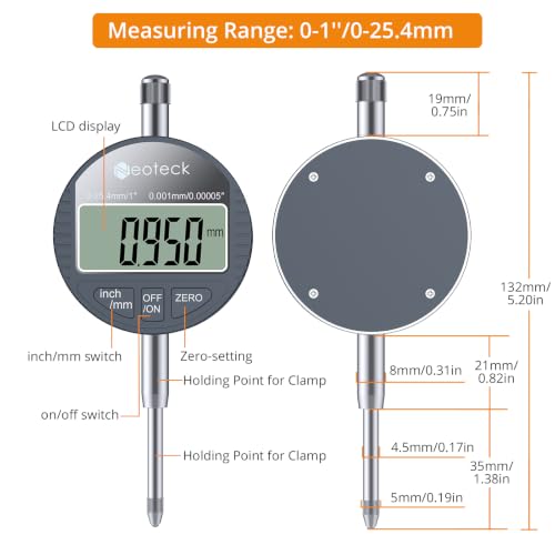 Neoteck 25.4 mm/1" Digital Dial Indicator with 0.001mm/0.00005" Resolution - color: Silver Gray, size: 0-1''/0.00005''