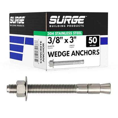 3/8" X 3" 304 Stainless Steel Wedge Anchors for Concrete (Box of 50) - size: 3/8" X 3"