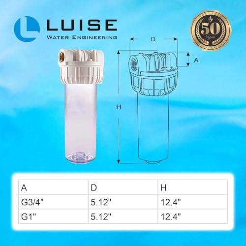 Luise Big 10 Filter Housing L503.1040, 3-Piece Cartridge Water Filter Housing 3/4" Inlet Brass ports Made of Non-Toxic Plastic Material (10"x2.5") with Wrench and Bracket.