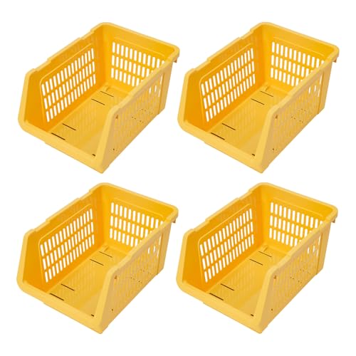 4 Pcs Open Front Stackable Storage Bins, PP Stacking Organizer Baskets with Rolling Wheels, Telescopic Buckles, Nestable, 38.58lbs Load - color: Yellow