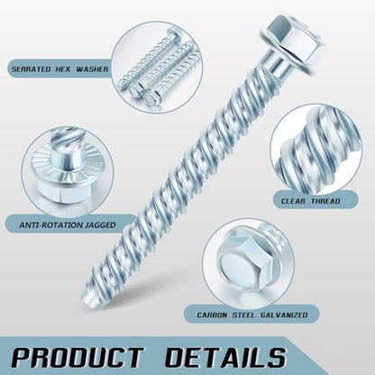Dunzy 50 Pcs Zinc Plated Masonry Screws Concrete Anchors, 3/8" X 3"