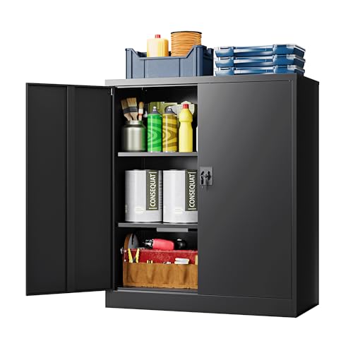 Metal Storage Cabinet, Wide & Deep Storage Cabinet with 2 Doors and Adjustable Shelves, Lockable Tool Cabinet for Garage,Home Office and School (Black) - color: Black, size: 35.4"H x 31.5"W x 15.7"D - A