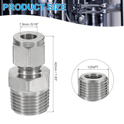 PATIKIL 1/2NPT x 8mm 304 Stainless Steel Compression Tube Fitting, Double Ferrules Compression Tube Fitting Straight Adapter Connect - size: 1/2NPT x 8mm