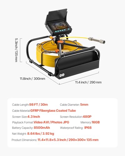 VEVOR Sewer Camera, 98.4 ft/30 m, 4.3" Pipe Drain Inspection Camera with DVR Function and LED Lights, Waterproof IP68 Borescope, Industrial Endoscope for Home Wall Duct Drain Pipe Plumbing - size: 98ft/30m, style: 4.3'' Screen with DVR Function