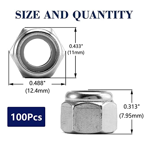 1/4-20 Nylon Insert Hex Lock Nuts 100Pcs 304 Stainless Steel Locknuts, Hex Drive, Bright Finish, by SG TZH - size: 1/4-20