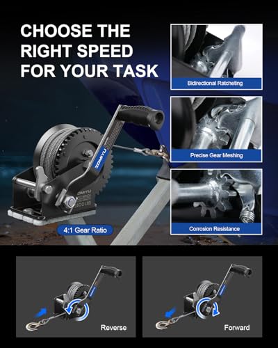 1600lb Boat Trailer Winch with Cable, Portable Hand Winch for Towing - size: 1600Lbs cable Winch