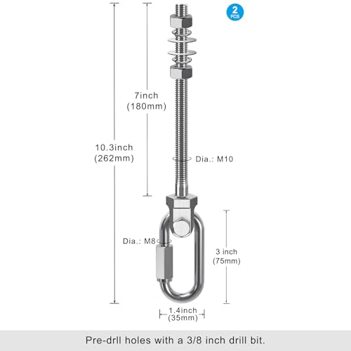 Dolibest Heavy Duty Swing Hanger, 304 Stainless Steel Swing Bolts w/Quick-Connect Carabiner, Swing Hook w/Dual-Screw Locking for Hammock, Yoga Swing, Porch Swing for Wood/Metal Beam-(M10X7'')-1500LB - color: M10X7''-2PCS