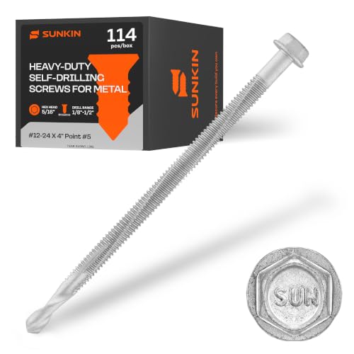 SUNKIN 114PCs Self Tapping Screws for Metal, Hex Head #12 x 4 Inch, Self Drilling for Thick Steel, Less Effort Installation, Long Lasting Anti Rust Coating - size: #12x4 inch(114pcs)