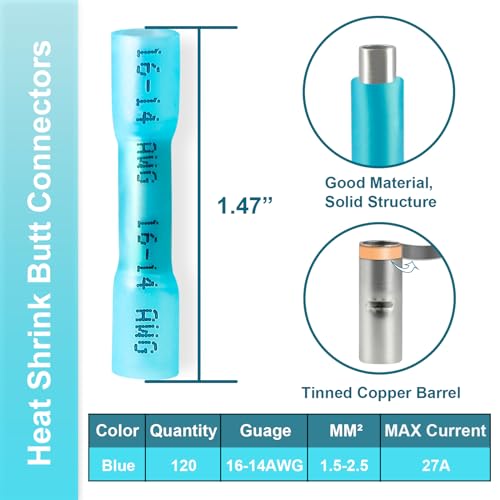 120PCS Heat Shrink Butt Connectors, 16-14 AWG Blue Wire Terminals - size: 16-14 AWG (120 pcs)