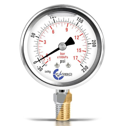 Compound Pressure Gauge -30 inHg to 250 PSI, Liquid Filled, 2.5" Dial, 1/4 NPT Lower Mount, 304 Stainless Steel Case, Brass Wetted Parts, PSI/inHg - ASME B40.1 Grade A - size: -30inHg / 0 / +250Psi, style: NIST TRACEABLE