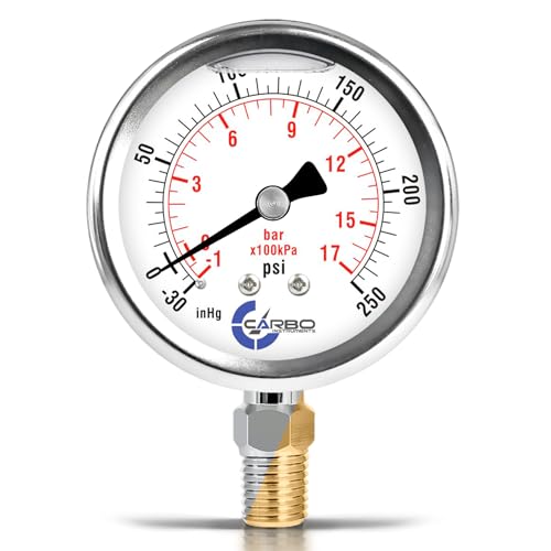Compound Pressure Gauge -30 inHg to 250 PSI, Liquid Filled, 2.5" Dial, 1/4 NPT Lower Mount, 304 Stainless Steel Case, Brass Wetted Parts, PSI/inHg - ASME B40.1 Grade A - size: -30inHg / 0 / +250Psi, style: NIST TRACEABLE