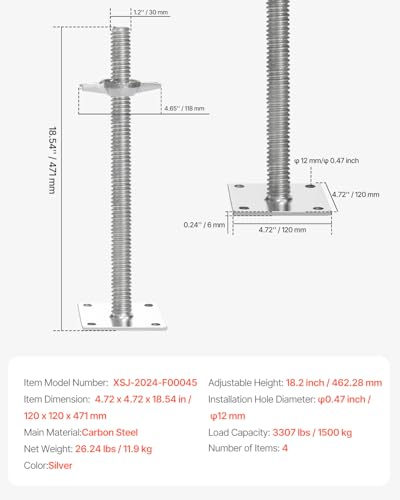 VEVOR 4-Pack Adjustable Leveling Jacks, 18.2 In Adjustable Height & 3307lbs/1500kg Total Load Capacity Scaffold Jacks Feet, Solid Carbon Steel Screw Jacks for Baker-Style Scaffolding Equipment, Silver