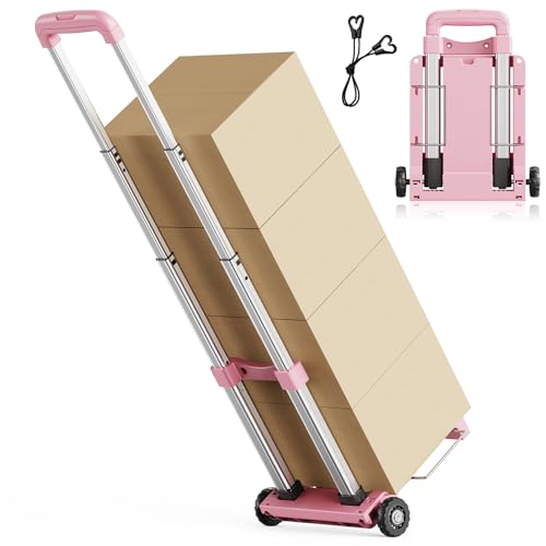Mini Small Folding Hand Truck Dolly with 2 Tank Wheels, Expandable Base Plate Utility Luggage Cart with 1 Elastic Ropes, Portable Dolly Cart for School Travel Office Moving - color: Pink