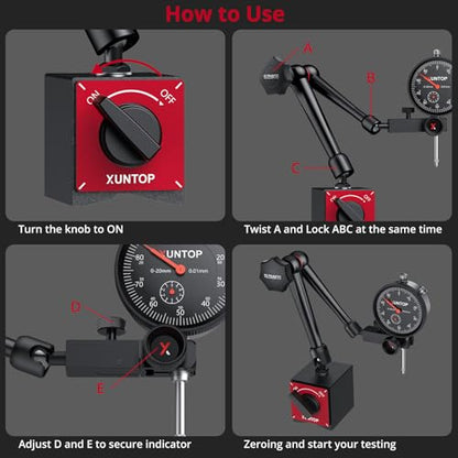 XUNTOP Dial Indicator with 176lbs/80kg Magnetic Base,1inch/0.001inch Imperial Dial Test Gauge Set with Storage Case for Lathe,3D Printer,CNC,Car,Workshop