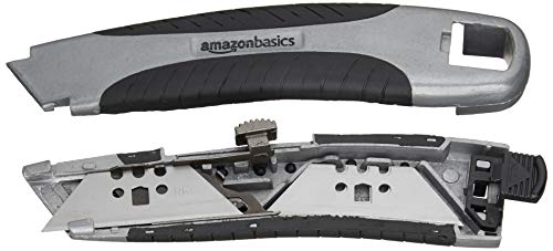 Amazon Basics Soft Grip Retractable Utility Knife with 3 Carbon Steel Blades, Quick Change Blade System, Black/Silver