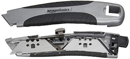 Amazon Basics Soft Grip Retractable Utility Knife with 3 Carbon Steel Blades, Quick Change Blade System, Black/Silver