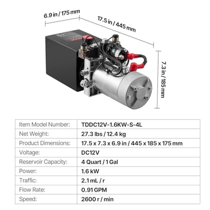 VEVOR 4 Quart Hydraulic Power Unit, Double Acting Dump Trailer Pump, 3200 PSI Max Relief Pressure & 0.91 GPM Flow Rate, DC 12V Hydraulic Pump with Metal Reservoir for Dump Trailer Car Lifting, Black - size: 4 Quart, style: Double Acting