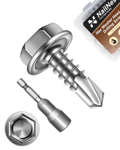 100PCS #8 x 1/2" Self Drilling Screws, Self Tapping Screws for Metal, 410 Stainless Steel Hex Washer Head Sheet Metal Screw, Bright Finish with 7mm Hex Socket - color: Silver, size: #8 x 1/2"