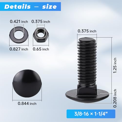 16 Sets 3/8-16 x 1-1/4" Black Carriage Bolts Screws and Hex Nuts & Flat Washers, 304 Stainless Steel 18-8, Round Head Square Neck, Full Thread Coverage - size: 3/8-16 x 1-1/4"