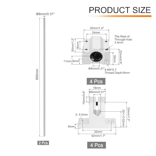 uxcell 2 Pcs 8mm x 900mm Linear Motion Rail Shaft Slide Guide with 4 Pcs SCS8UU Bearings and 4 Pcs SK8 Rail Support Linear Motion Rod Shaft Guide Set for CNC Machine 3D Printer, Silver - size: 900mm