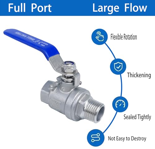 Full Port Ball Valve 1/2" NPT Heavy Duty Stainless Steel 304 Male x Female Thread For Water,Oil and Gas（1000WOG） - size: 1/2"NPT