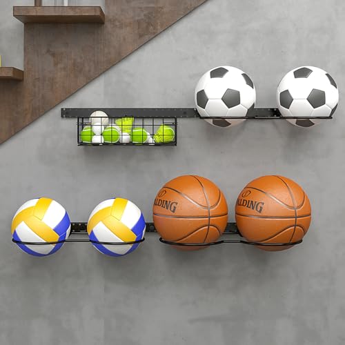8 Tier Detachable Wall Mounted Basketball Rack, Vertical/Horizontal Football Holder, Holds 14 Balls DIY 1/2/3/4 Soccer Stand, Height-Adjustable Ball Rack with Basket for Garage, Tool Room, Metal-Black