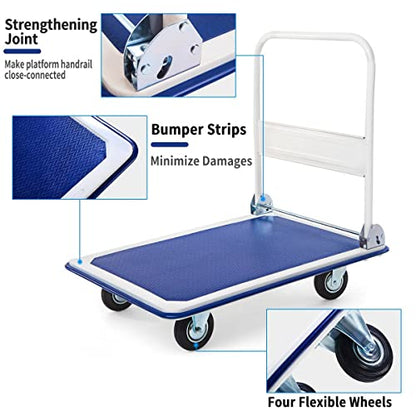 IRONMAX Foldable Push Hand Dolly with Swivel Wheels, 330 LBS Load Capacity - style: Blue+White 330lbs