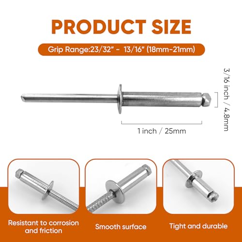 ALLCLEAN 60 Pcs 3/16"x1" Stainless Steel Blind Pro Rivets,4.8 x 25mm Pop Rivets,Stainless Steel Grip and Stainless Steel Mandrel - color: Stainless Steel, size: 3/16"x1"