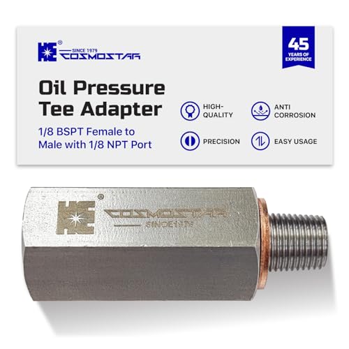 Cosmostar 1/8" BSPT Stainless Steel Oil Pressure Tee Adapter, 1/8 BSPT Female to Male with 1/8 NPT Port, 304 SS Heavy-Duty Fitting for Oil Pressure Gauge, Turbo Feed Line (OPTBS02N02)
