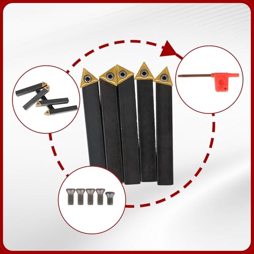 findmall 5Pcs 1/2 Inch Indexable Carbide Lathe Turning Tool Holder Metal Lathe Tools Inserts Bits with TCMT16T304 Carbide Inserts - size: 5Pcs 1/2"