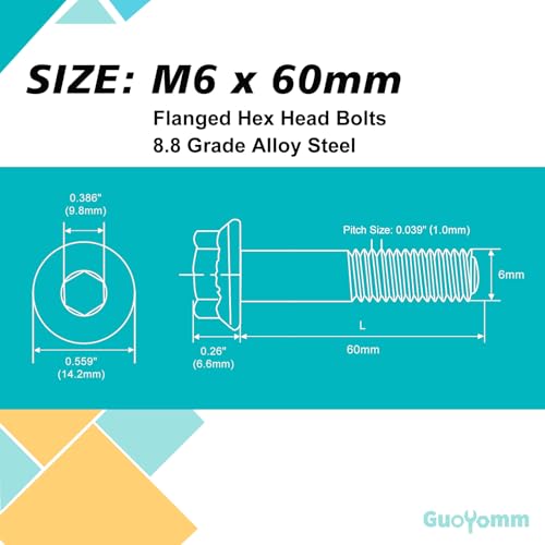 M6 x 60mm 12pcs Flanged Hex Head Bolts, M6 x 1.0 Bolts, Flange Hexagon Head Screws, 8.8 Grade Alloy Steel, Yellow Zinc Plated, Metric Half Thread - size: M6 x 60mm(12PCS)