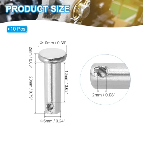 PATIKIL 6 x 20 mm Single Hole Clevis Pins, 10 Pcs 304 Stainless Steel Flat Head Pin for Hitch Pin Lock Link Hinge Systems, Silver - size: 6 x 20 x 16 mm