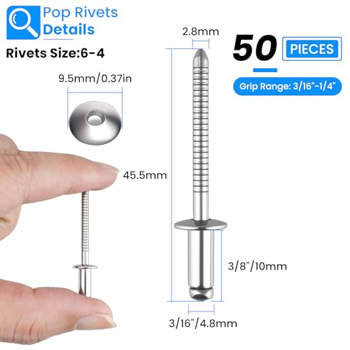 SDTC Tech Stainless Steel Blind Rivets 3/16" x 3/8" (6-4) Open End Type Pop Rivet Grip Range 3/16-1/4 inch (50 pack) - size: 6-4 50pack