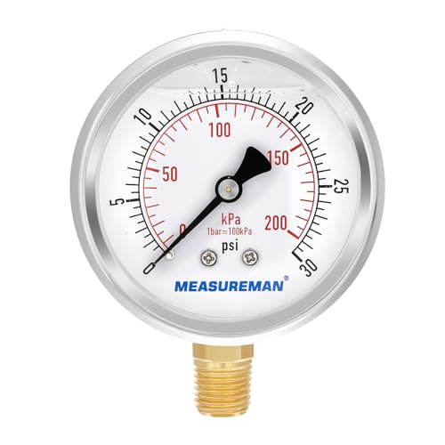 MEASUREMAN 2-1/2inch Dial Size, Oil Filled Pressure Gauge, 0-30psi/kpa, 304 Stainless Steel Case, 1/4 inchNPT Lower Mount - size: 0-30 psi, style: Lower Mount