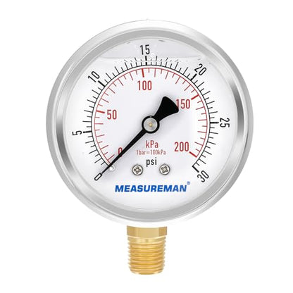 MEASUREMAN 2-1/2inch Dial Size, Oil Filled Pressure Gauge, 0-30psi/kpa, 304 Stainless Steel Case, 1/4 inchNPT Lower Mount - size: 0-30 psi, style: Lower Mount