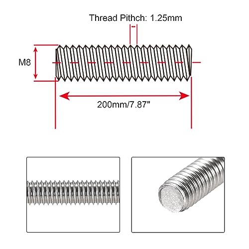 M8 x 200mm Fully Threaded Rod & Studs, 304 Stainless Steel Right Hand Threads Rods, M8-1.25 Thread Pitch for Anchor Bolts, Clamps, Hangers and U-Bolts 2 Pack【with Nuts】 - size: 8-Inch