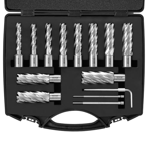 VEVOR Annular Cutter Set, 13 pcs Weldon Shank Mag Drill Bits, 2" Cutting Depth, 7/16" to 1-1/16" Cutting Diameter, M2AL HSS, with 2 Pilot Pins, Hex Wrench and Portable Case, Using with Magnetic Drills - size: 7/16" - 1-1/16" * 2"