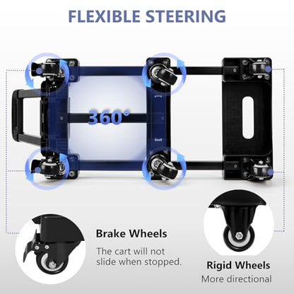 KEDSUM 550 LBS Folding Hand Truck with 6 Wheels(2 with Brake), Collapsible Dolly Cart with Wheels, Thickened Upgraded Steel Trolley Cart for Easy Moving, No-Assembly, with 1 Lashing Straps