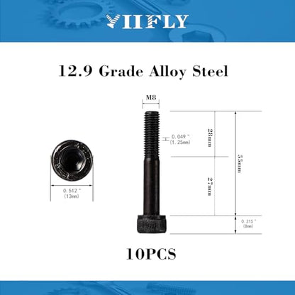M8-1.25 x 55mm Socket Head Cap Screws, M8 Bolts, 12.9 Grade Alloy Steel, Allen Socket Drive, Black Oxide Finish, Half Thread, Quantity 10 - size: M8 x 55mm(10PCS)