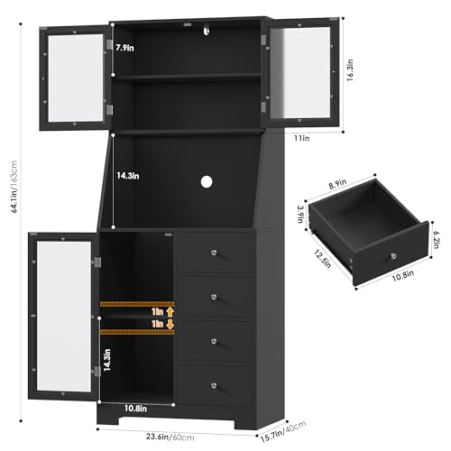 BOTLOG 64'' Kitchen Pantry Storage Cabinet, Tall Kitchen Storage Cabinet with Microwave Stand, Hutch Cabinet with Adjustable Shelves, for Dining Room, Black - color: Black