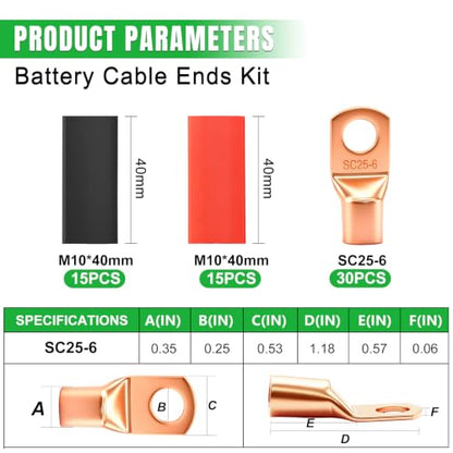 Twidec/30PCS AWG 4 Copper Wire Lugs Battery Cable Ends SC25-6,Ring Terminals Connectors,Copper Ring Terminals,Battery Terminals Connectors Kits with Heat Shrink - color: 31PCS