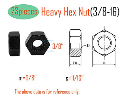 LBY 23pcs Heavy Hex Nuts, 3/8-16 Coarse Thread Hex Nuts, 45# Steel (Black) - size: 3/8-16