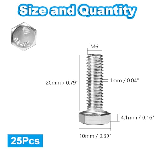 25 Pcs M6 Hex Bolts M6-1.0 x 20mm Hex Head Screw Bolt - size: M6-1.0 x 20mm
