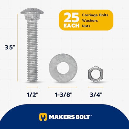 1/2" x 3.5" (25 Pack) Galvanized Carriage Bolt Kit Grade 307A Includes 1/2" USS Flat Washers (25 pcs) and 1/2"-13 Hex Nuts (25 pcs), Hot Dip Galvanized for Exterior Use by Makers Bolt - size: 1/2 x 3.5