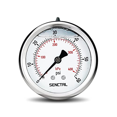 SENCTRL 0-60 Psi Liquid Filled Low Pressure Gauge, 1/4" NPT Back Mount - size: 0-60 Psi, style: Back Mount