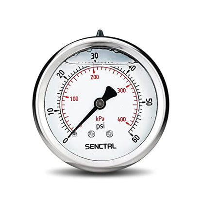 SENCTRL 0-60 Psi Liquid Filled Low Pressure Gauge, 1/4" NPT Back Mount - size: 0-60 Psi, style: Back Mount