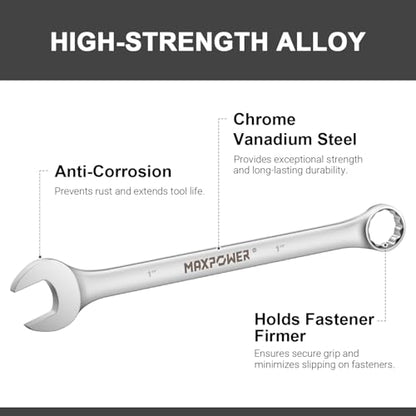 MAXPOWER 1 Inch Combination Wrench, Industrial Grade Spanners with 12 Point Box End, Durable Chrome Vanadium Steel with Off Corners Design, 15 Degree Offset - SAE - size: 1 Inch